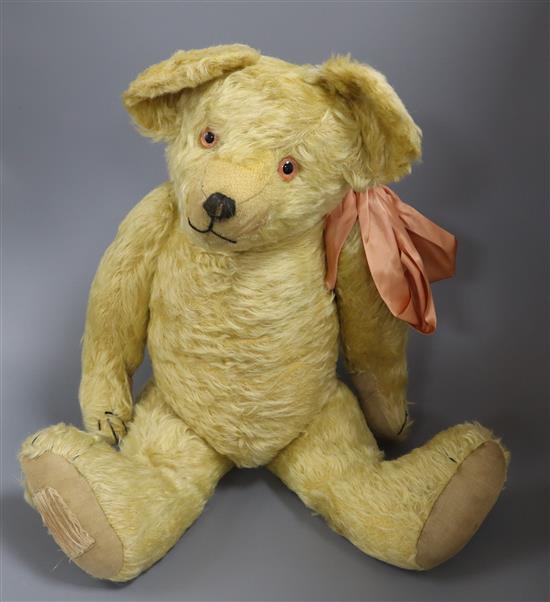 An early English teddy, 24in, excellent condition with original clear glass eyes and paw pads